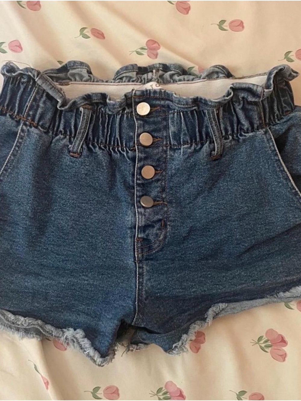 Tinseltown Ruffled Paperbag Waist Denim Shorts - Blue